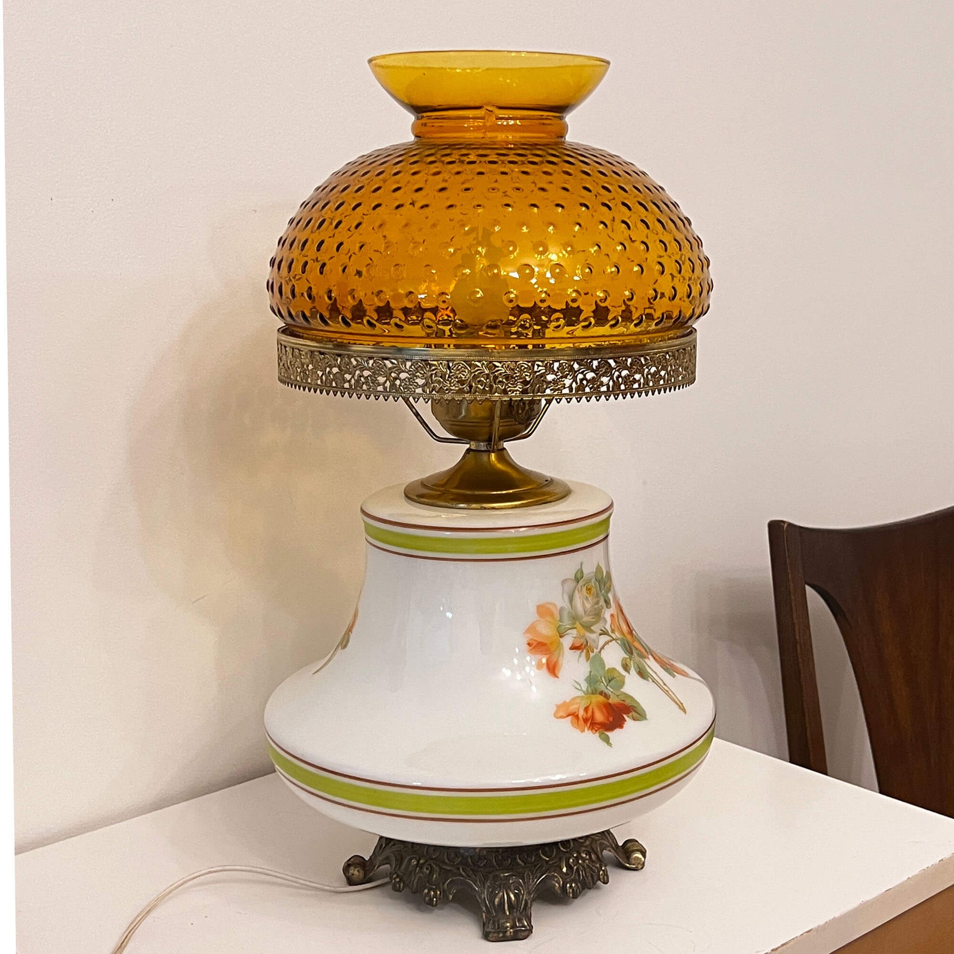 ccurate-Castings-Floral-Glass-Hurricane-Lamp_Amber-Hobnail-Shade.-Side-view.-Shop-eBargainsAndDeals.com