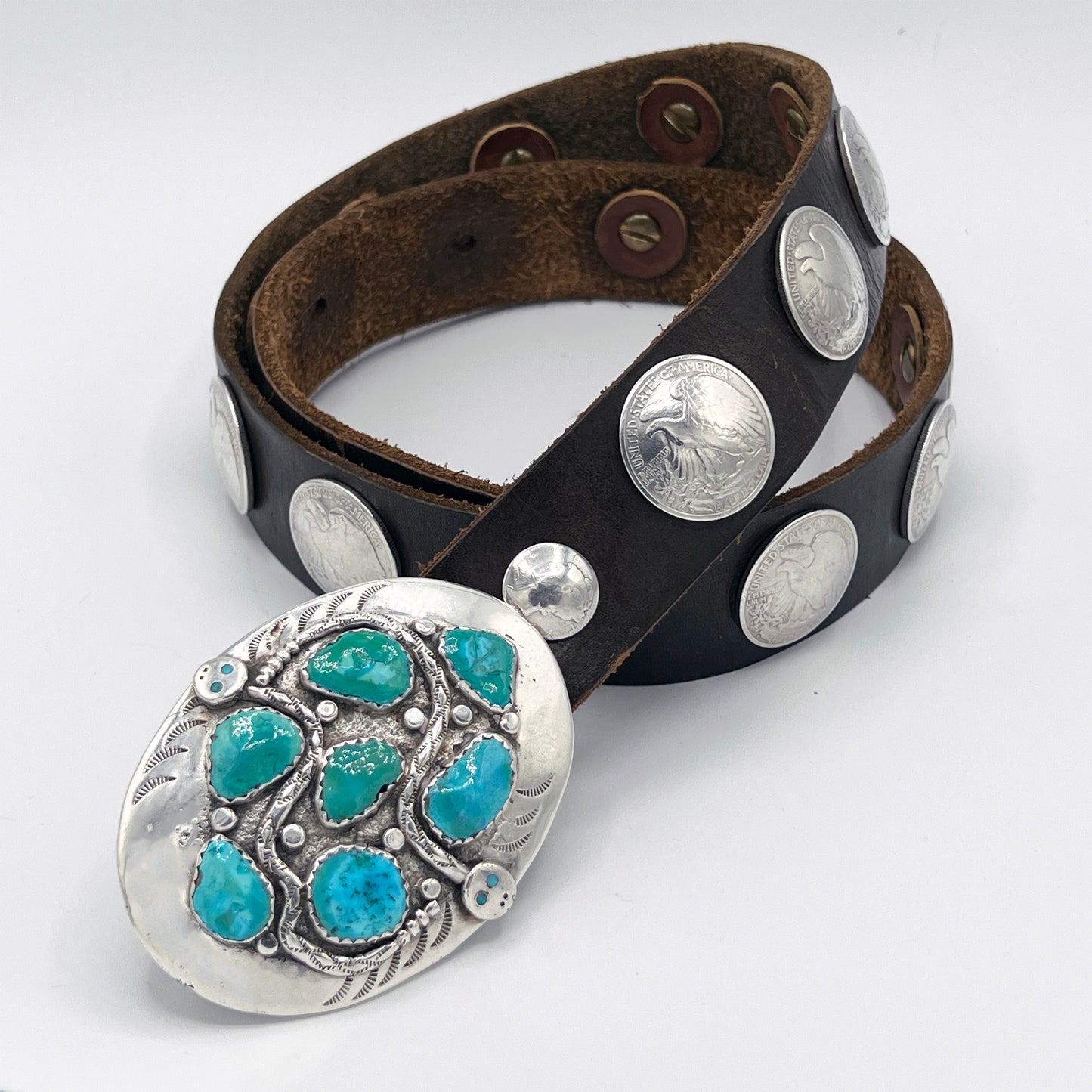 Native American Indian Sterling Silver and Turquoise Belt Buckle, Leather Belt, Walking Liberty Coins
