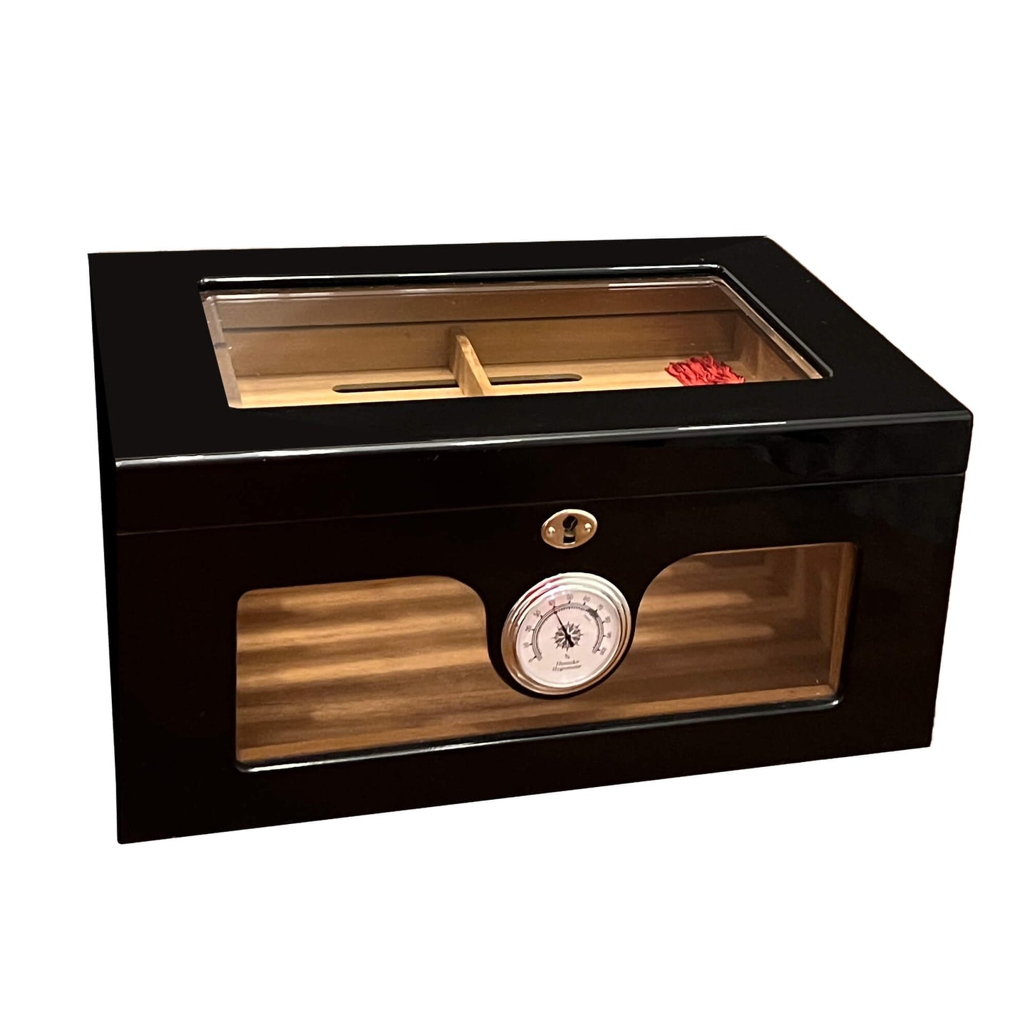 Black-Lacquer-Cigar-Humidor_-Hygrometer_-Glass-Top_-Lock-and-keys.-Side-view.-Shop-eBargainsAndDeals.com