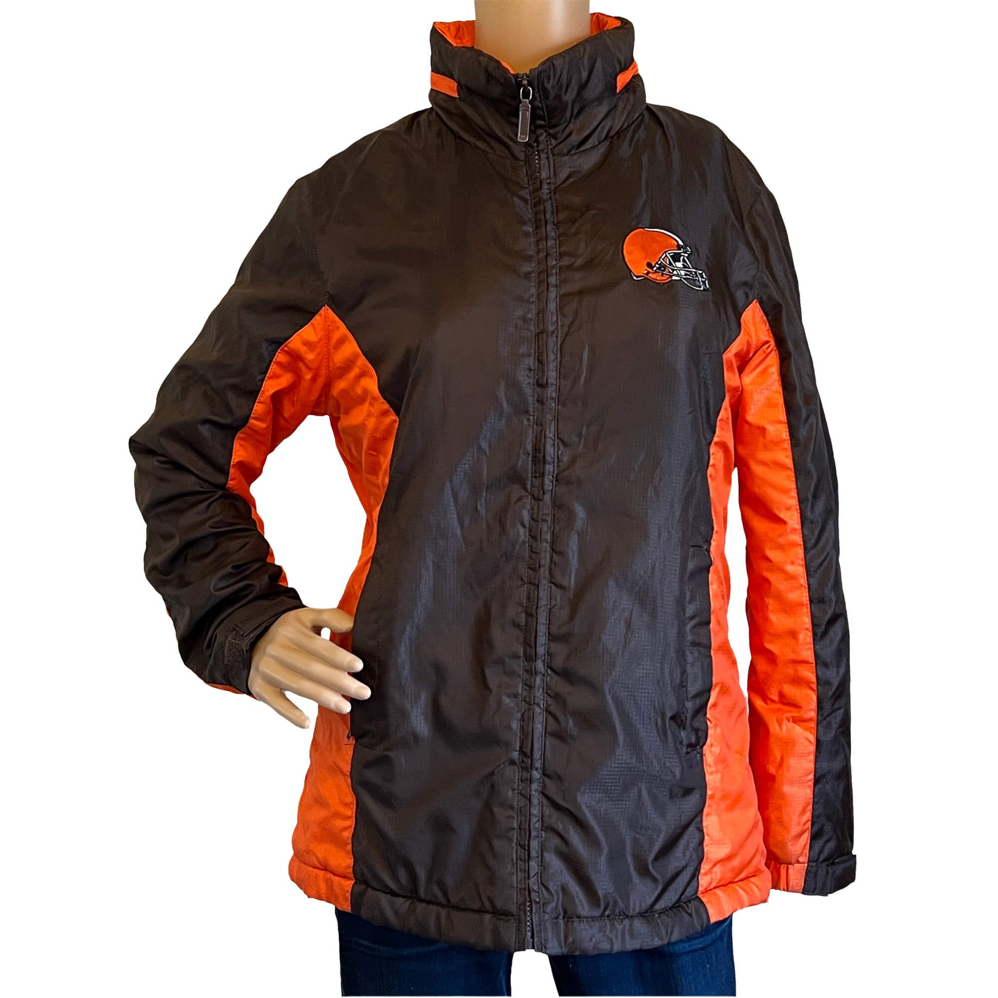 Cleveland-Browns-NFL-for-Her-Jacket-by-G-III-Apparel.-Front-view.-Shop-eBargainsAndDeals.com