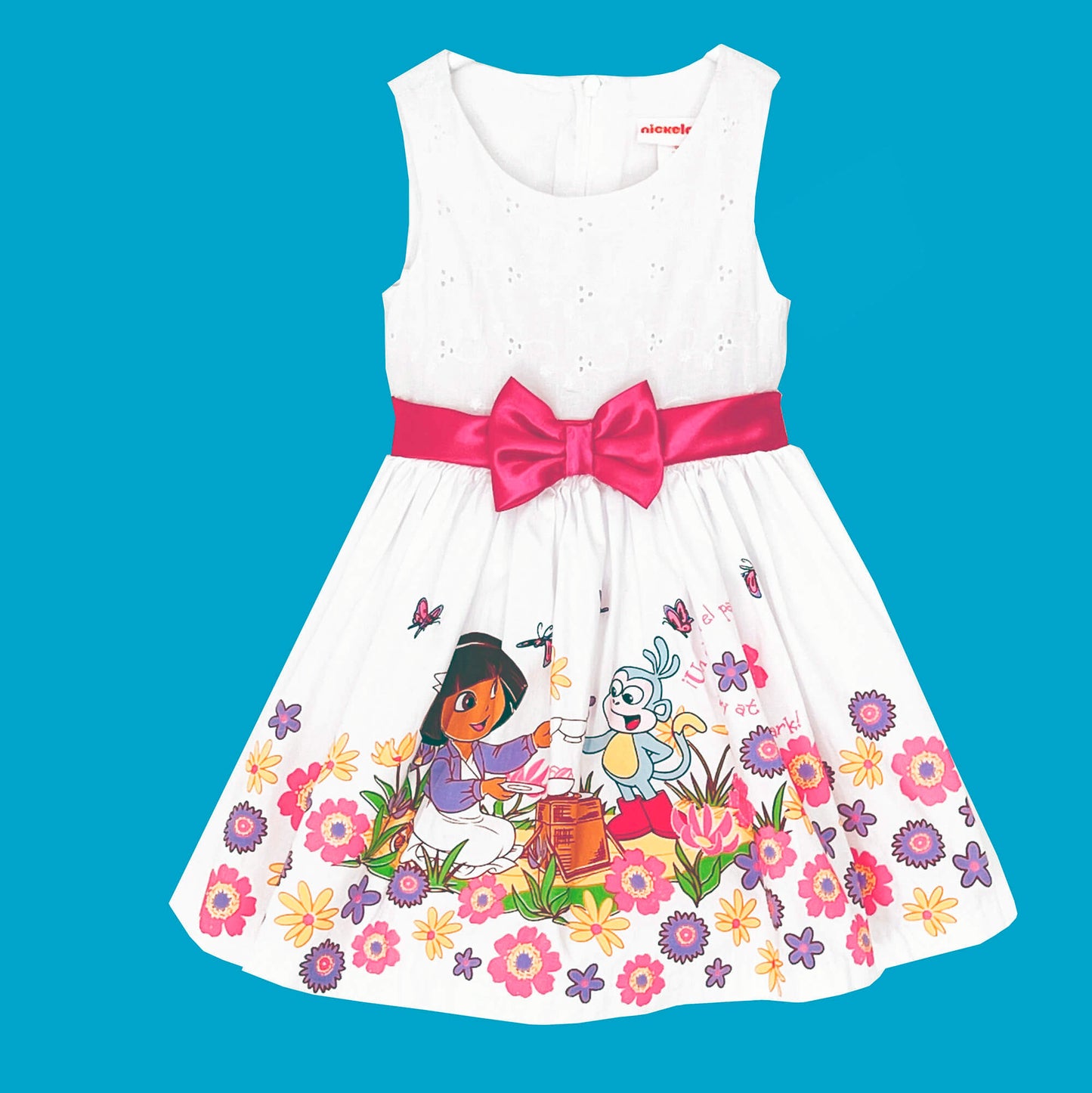Dora-the-Explorer-White-Floral-Cotton-Party-Dress-12M.-Pink-Bow.-Shop-eBargainsAndDeal.com
