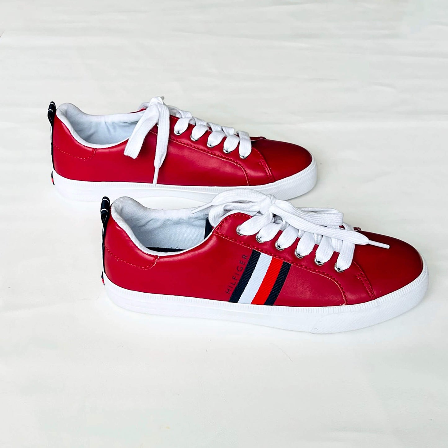 Womens-Tommy-Hilfiger-Red-Faux-Leather-Sneakers-Side-view.-7.5.-Shop-eBargainsAndDeals.com