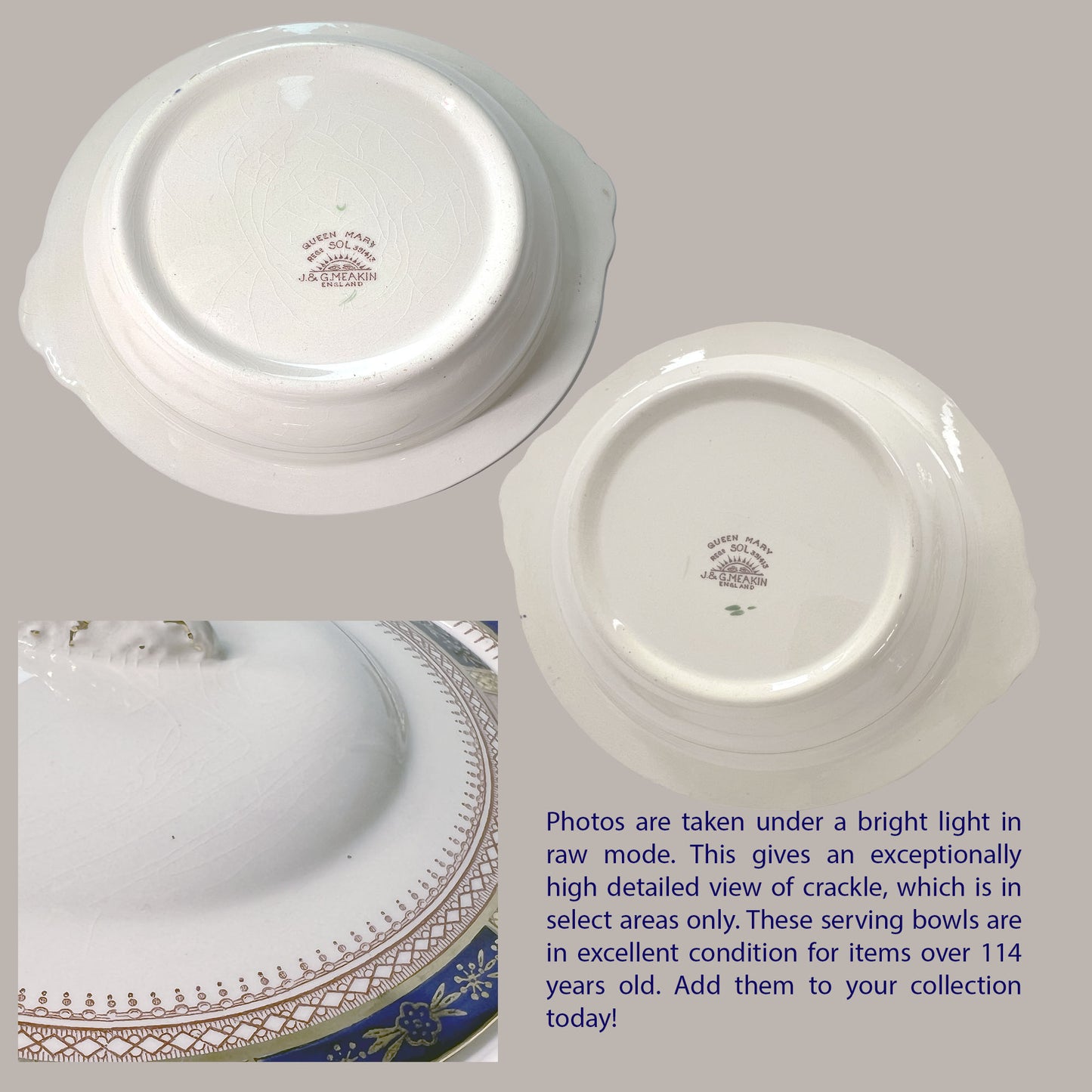 Queen Mary Sol Round Covered Serving Bowls, J&G Meakin, Circa 1910