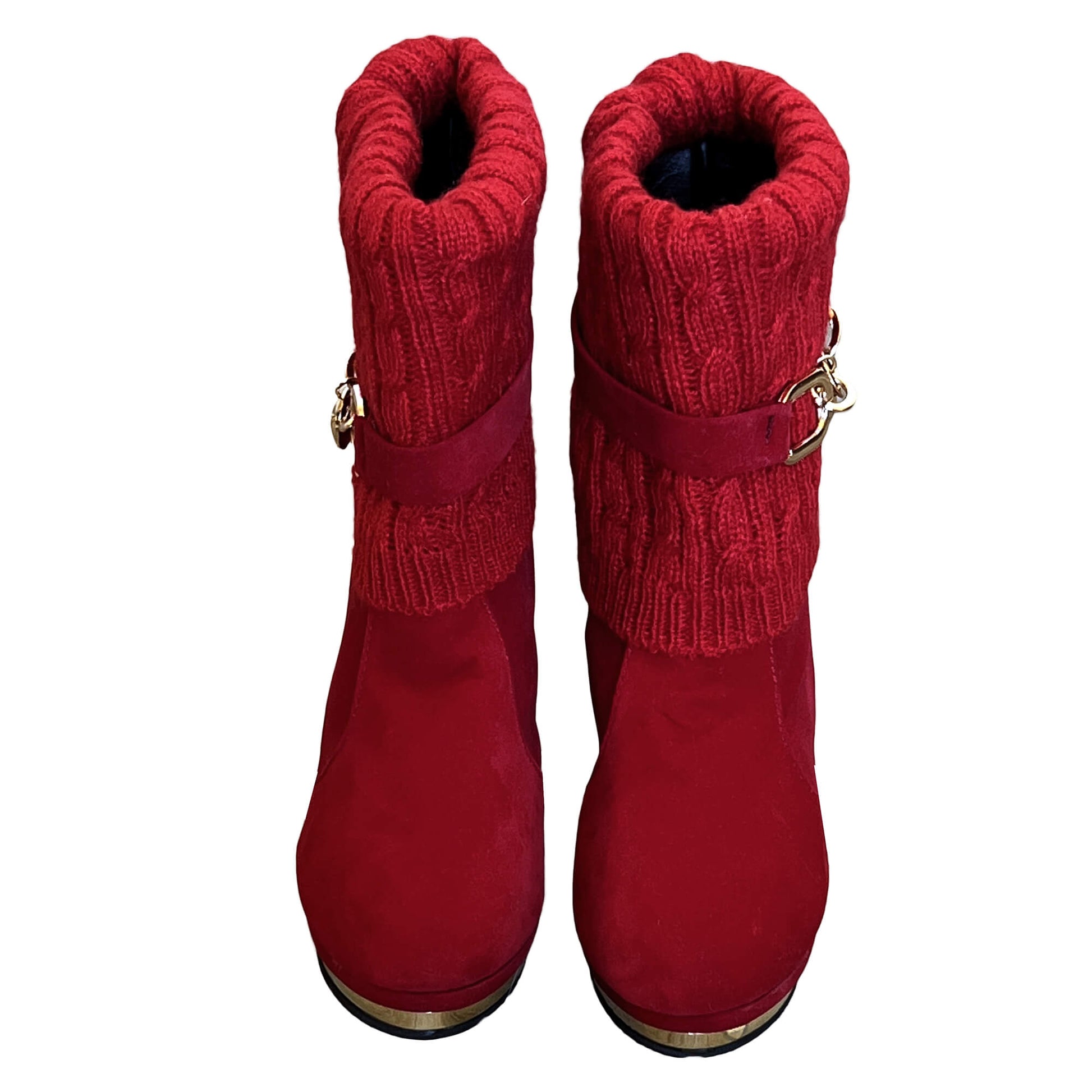 BBLAN red-Suede-High-Heel-Fashion-Booties.-Size-US-7.5;-EU-28.-Adjustable-knit-upper-can-be-raised. Shown-in-the-lowest-position.-Held-in-place-with-chain-strap,-with-logo.-Gold-accents-at-the-toe.-Gold-Heels.-Shop-eBargainsAndDeals.com.