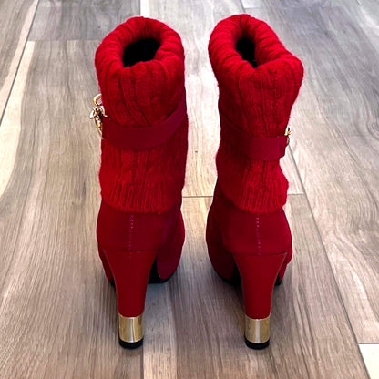 BBLAN red-Suede-High-Heel-Fashion-Booties.-Size-US-7.5;-EU-28.-Adjustable-knit-upper-can-be-raised. Shown-in-the-lowest-position.-Held-in-place-with-chain-strap,-with-logo.-Gold-accents-at-the-toe.-Gold-Heels.-Shop-eBargainsAndDeals.com.