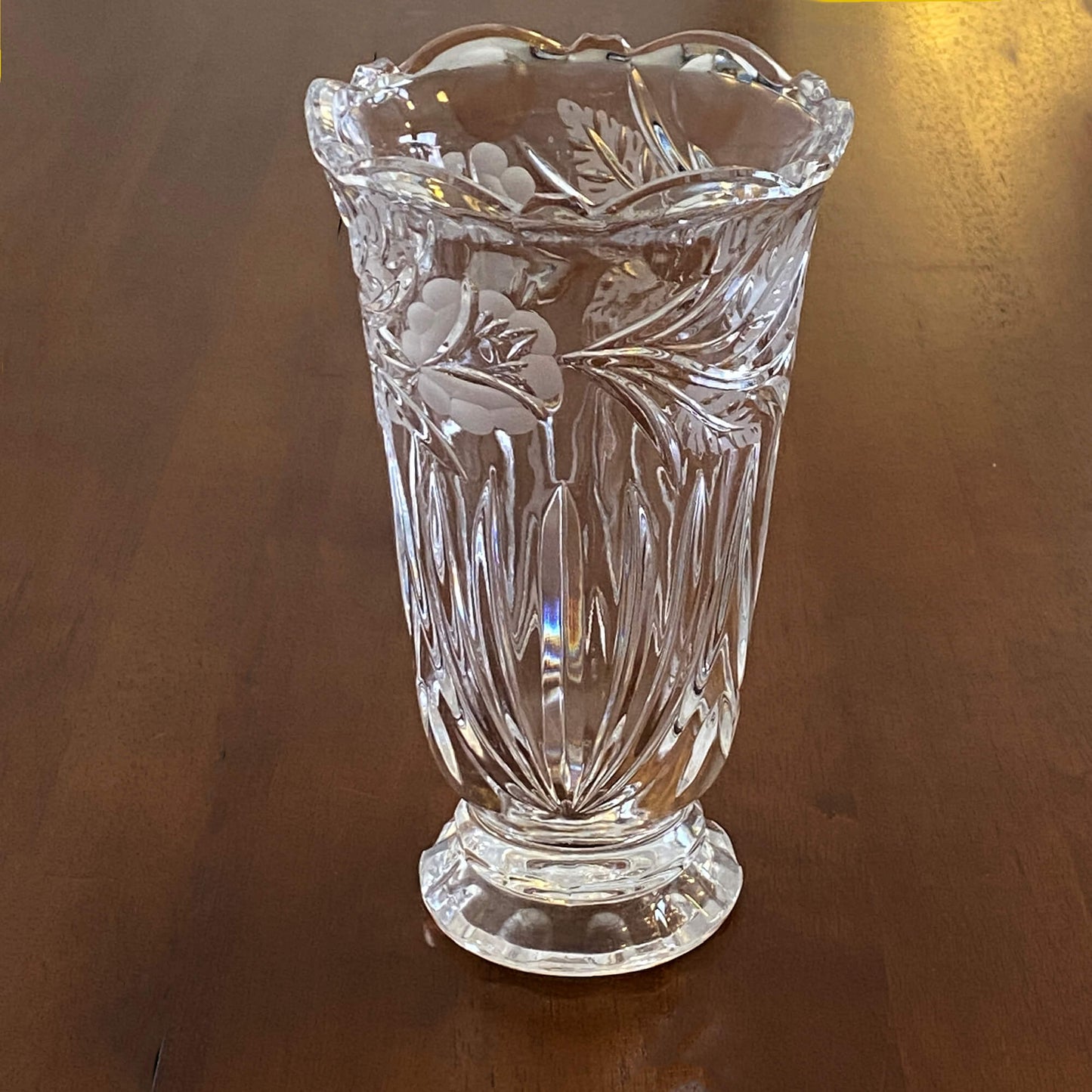 Hand-Cut Floral Lead Crystal Vase from Poland 9.5 in. Vintage