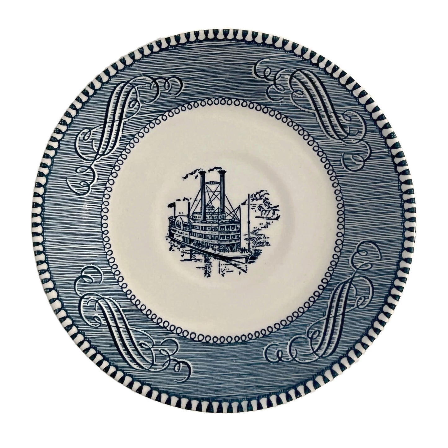 Currier and Ives Blue Flat Cup Saucer, 6 1/4 in. Paddleboat, Steamboat by Royal China