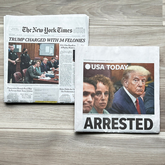 Donald-Trump-Gets-Arrested-and-Charged-with-34-Felonies.-Newspaper-Headlines-from-New-York-Times,-and-USA-Today.-Collectibles. Historical newspapers, White House