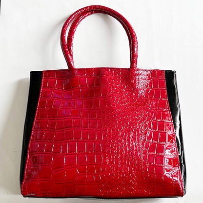 Elizabeth Arden Red and Black Patent Leather Expandable Faux Crocodile Tote Bag