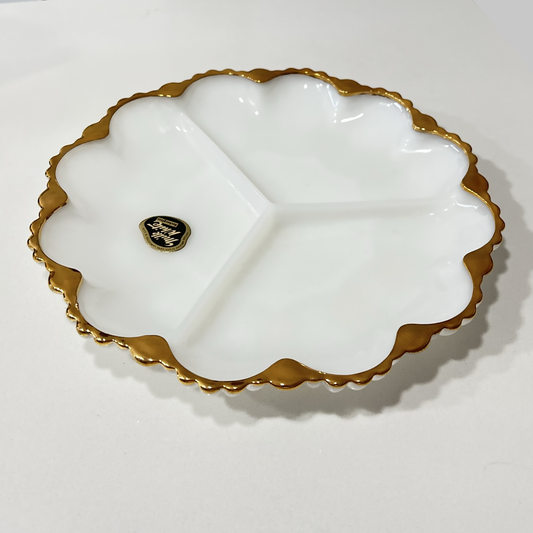 Anchor-Hocking-white-milk-glass-round-serving-plate-with- three-sections, ,and-gold-trim. Angled-view. Shop-eBargainsAndDeals.com-or-Etsy.