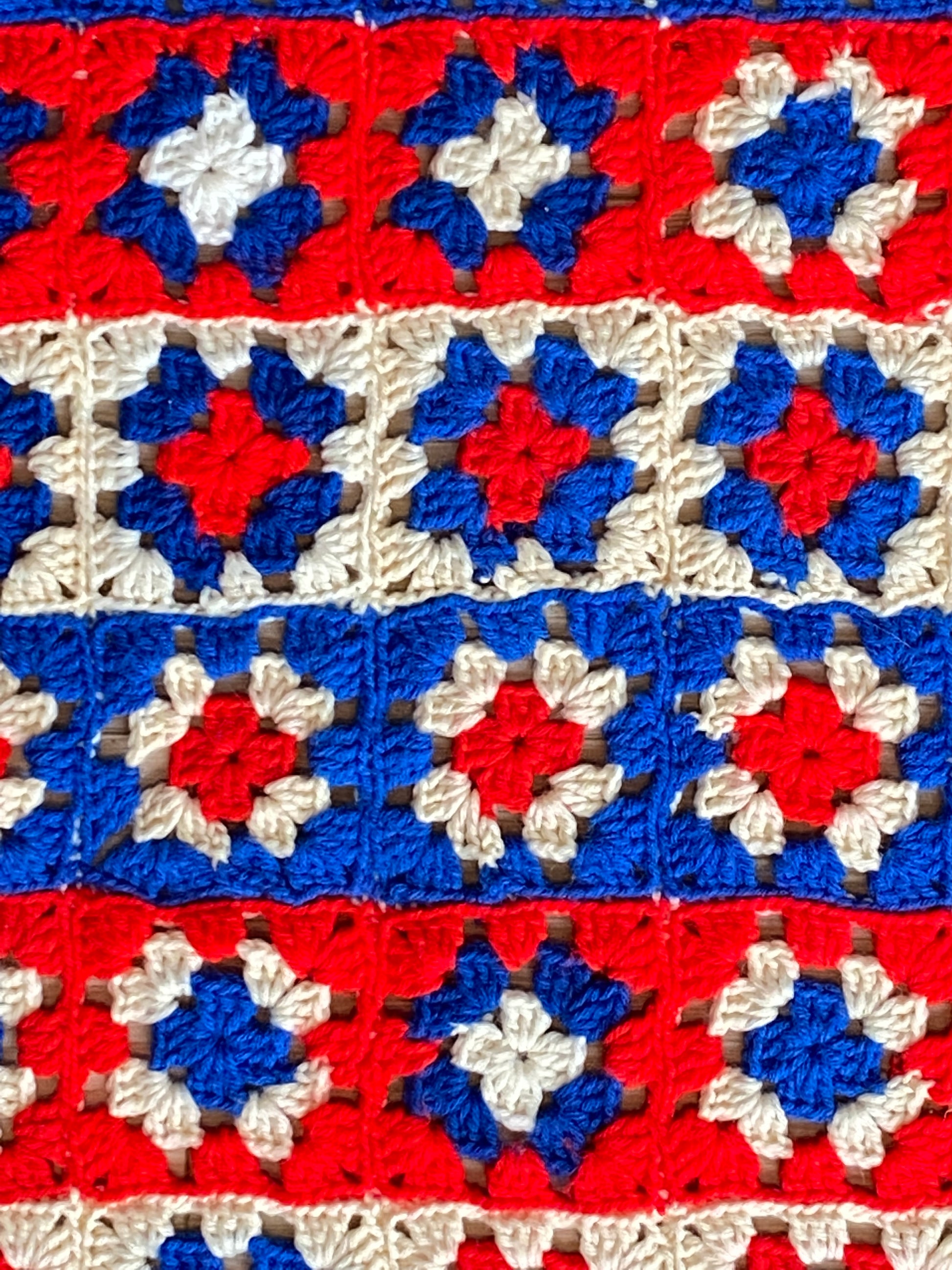 1970s Handmade Granny Square Patriotic Red, White, Blue Crochet Blanket, Throw, Vintage, 48x50 in. Media 8 of 8