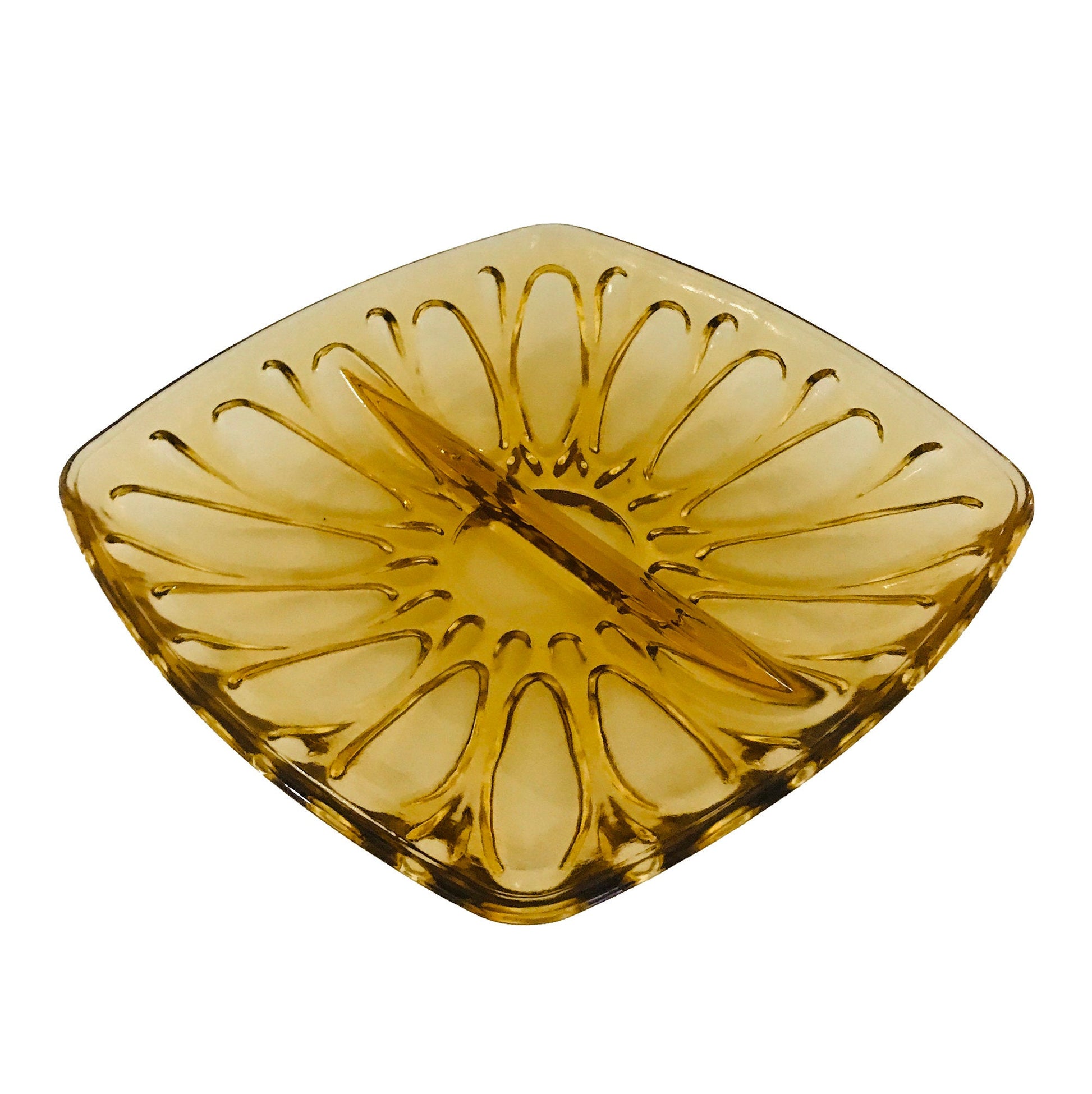 Vintage Amber Pressed Glass Sectioned Serving Bowl, Serving Dish, Candy Dish, Serving Plate - PawPurrPrints.com