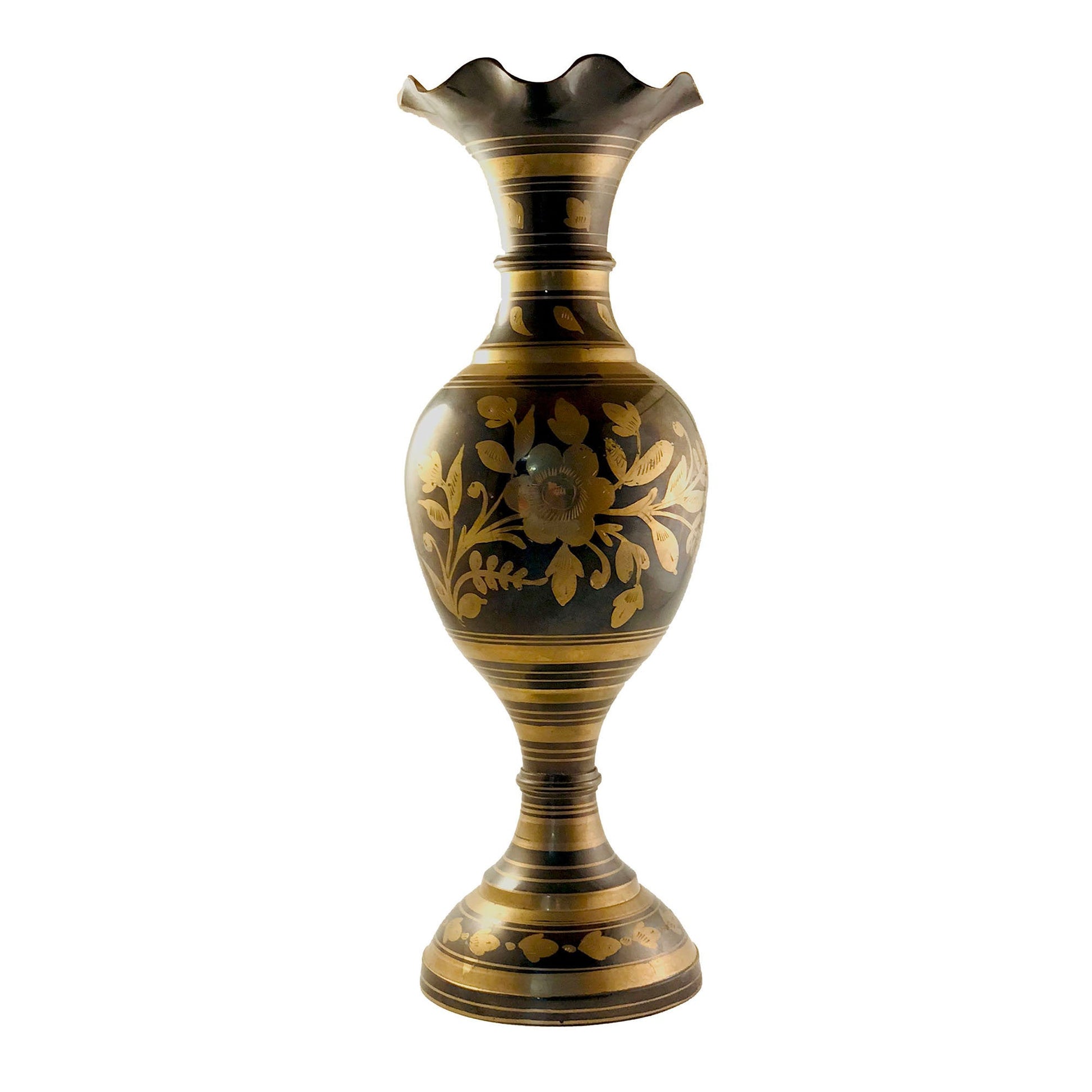 Vintage IHI Solid Brass Etched Flower Vase 14 in Tall - Made in India, Decorative Etched Vase, Dark Brown and Brass Vase - shop-eBargainsAndDeals.com