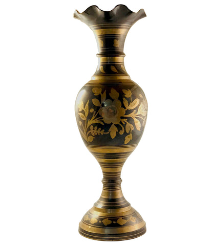 Vintage IHI Solid Brass Etched Flower Vase 14 in Tall - Made in India, Decorative Etched Vase, Dark Brown and Brass Vase - shop-eBargainsAndDeals.com