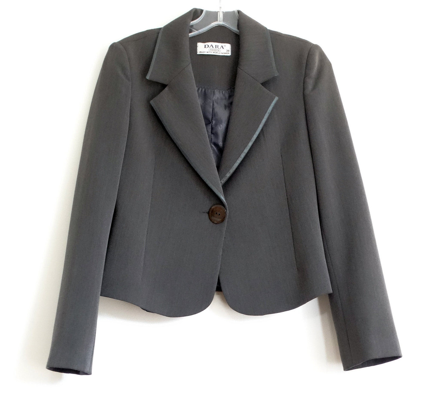 Vintage Women's Dara Fashion Gray Fitted One Button Lined Blazer Suit Jacket, size 8, Career Work Jacket, Made in Turkey, Polyester Blend.-Shop-eBargainsAndDeals.com.